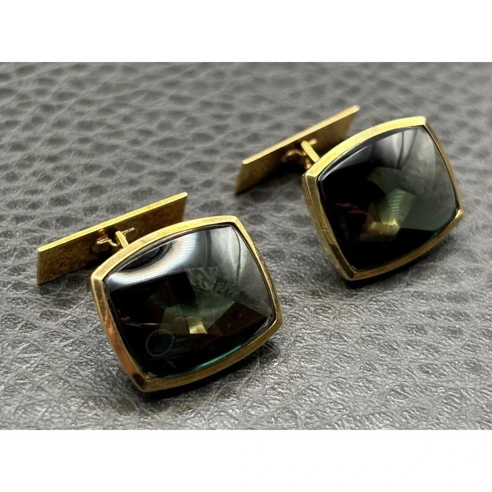 Vintage 14K Solid Gold Cufflinks Dark Green Gemstones Men's Formal Wear Luxury